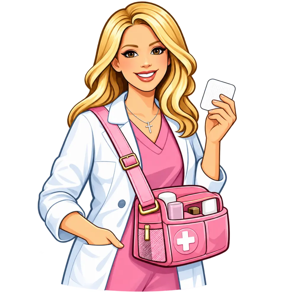 Illustration of a wound care clinician holding a dressing with a medical supply bag